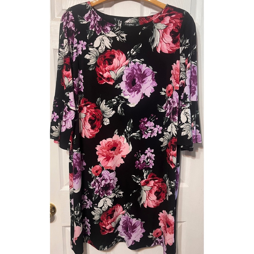 Roz & Ali Women 3X Black Floral Bell Sleeve Shift Dress Pink Purple Rose Print